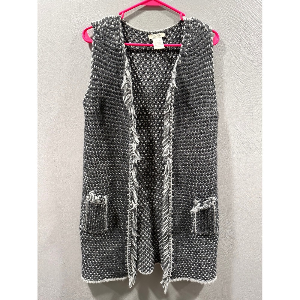 Cocogio Italy Wool Blend Knit Fringe Vest Gray White One Size OS Longline Pocket